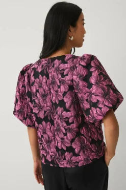 Ellos Collection Jacquardvevd bluse med puffermer