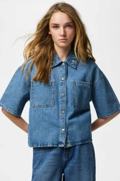 pieces Denimskjorte pcSky Embroidery 3/4 Denim